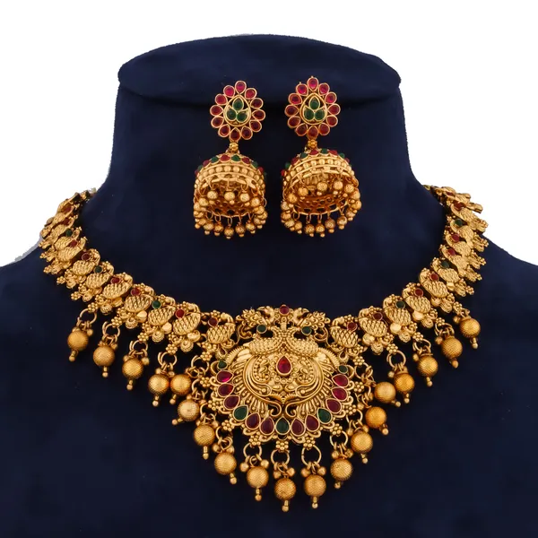 Grisha_Jewellery_Latest_Peacock_Design_Matt_Bead_Brass_Gold_Plated_Matte_Short_Necklace_Jewellery_Set_For_Women_And_Girls