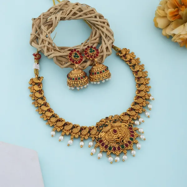 Grisha_Jewellery_Latest_Peacock_Design_White_Pearl_Bead_Brass_Gold_Plated_Matte_Short_Necklace_Jewellery_Set_For_Women_And_Girls