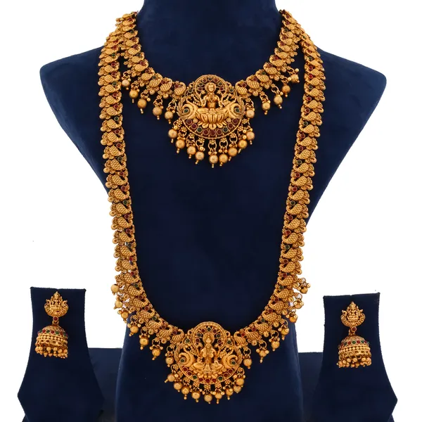 Grisha_Jewellery_Laxmi_Design_Matt_Bead_Brass_Gold_Plated_Long_Haram_And_Short_Necklace_Combo_Jewellery_Set_For_Women_And_Girls