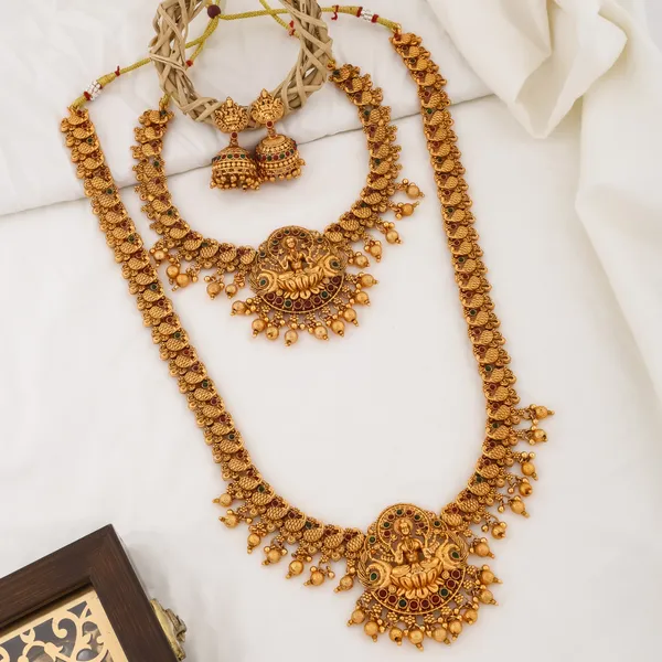 Grisha_Jewellery_Laxmi_Design_Matt_Bead_Brass_Gold_Plated_Long_Haram_And_Short_Necklace_Combo_Jewellery_Set_For_Women_And_Girls