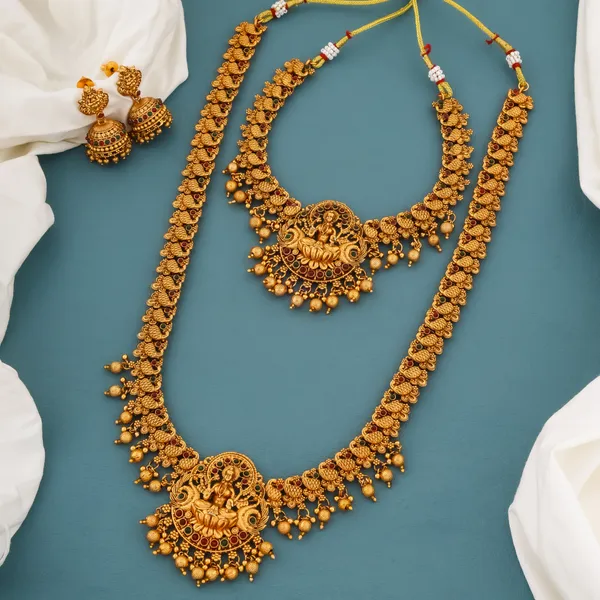 Grisha_Jewellery_Laxmi_Design_Matt_Bead_Brass_Gold_Plated_Long_Haram_And_Short_Necklace_Combo_Jewellery_Set_For_Women_And_Girls