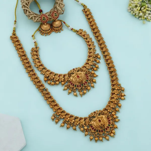 Grisha_Jewellery_Peacock_Design_Matt_Bead_Brass_Gold_Plated_Long_Haram_And_Short_Necklace_Combo_Jewellery_Set_For_Women_And_Girls