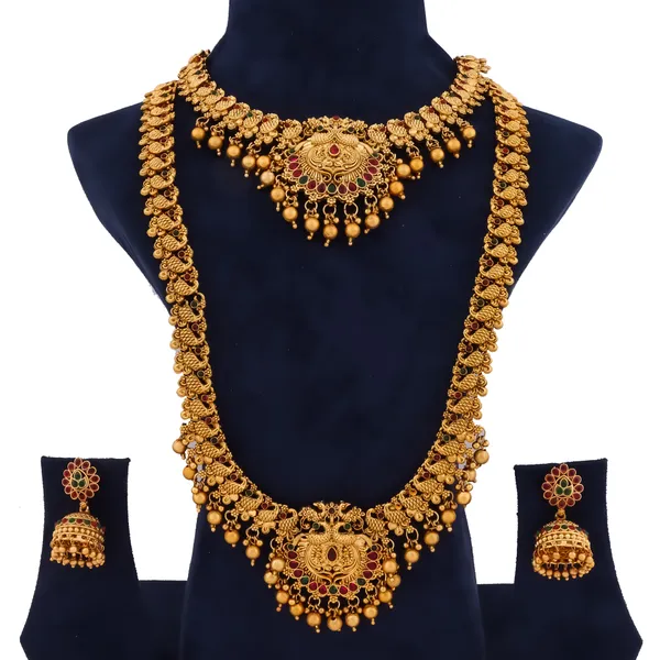 Grisha_Jewellery_Peacock_Design_Matt_Bead_Brass_Gold_Plated_Long_Haram_And_Short_Necklace_Combo_Jewellery_Set_For_Women_And_Girls