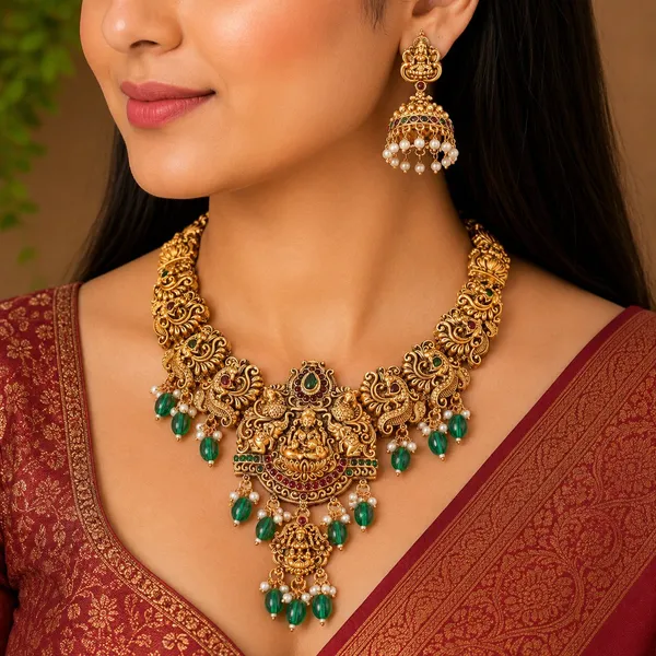 Grisha_Jewellery_Stylish_Lakshmi_Design_Green_Bead_Brass_Gold_Plated_Matte_Short_Necklace_Choker_Set_For_Women_And_Girls