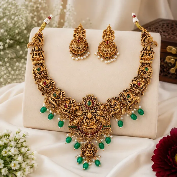 Grisha_Jewellery_Stylish_Lakshmi_Design_Green_Bead_Brass_Gold_Plated_Matte_Short_Necklace_Choker_Set_For_Women_And_Girls