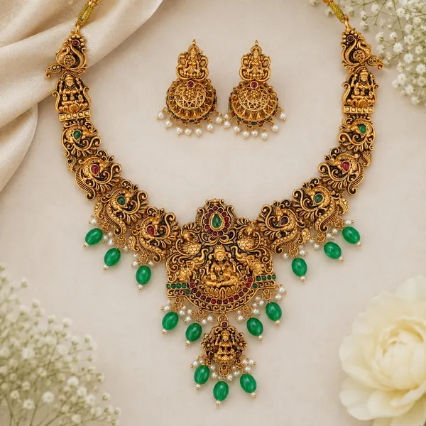 Grisha_Jewellery_Stylish_Lakshmi_Design_Green_Bead_Brass_Gold_Plated_Matte_Short_Necklace_Choker_Set_For_Women_And_Girls