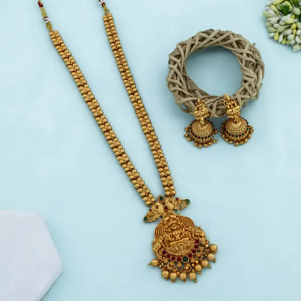 Grisha_Jewellery_Stylish_Lakshmi_Design_Matt_Bead_Brass_Gold_Plated_Matte_Long_Haram_Necklace_Jewellery_Set_For_Women_And_Girls