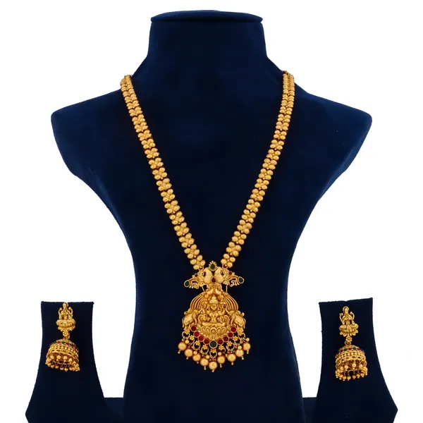 Grisha_Jewellery_Stylish_Lakshmi_Design_Matt_Bead_Brass_Gold_Plated_Matte_Long_Haram_Necklace_Jewellery_Set_For_Women_And_Girls