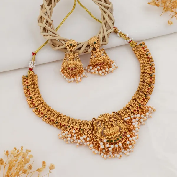 Grisha_Jewellery_Stylish_Lakshmi_Design_Matt_White_Bead_Brass_Gold_Plated_Matte_Short_Necklace_Jewellery_Set_For_Women_And_Girls