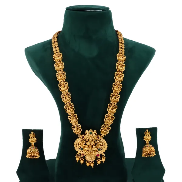 Grisha_Jewellery_Stylish_Lakshmi_With_Peacock_Design_Matt_Bead_Brass_Gold_Plated_Matte_Long_Haram_Necklace_Jewellery_Set_For_Women_And_Girls