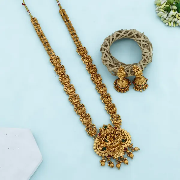 Grisha_Jewellery_Stylish_Lakshmi_With_Peacock_Design_Matt_Bead_Brass_Gold_Plated_Matte_Long_Haram_Necklace_Jewellery_Set_For_Women_And_Girls