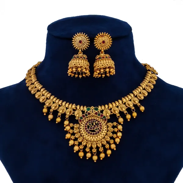 Grisha_Jewellery_Stylish_Peacock_Design_Matt_Bead_Gold_Plated_Matte_Short_Temple_Necklace_Jewellery_Set_For_Women_And_Girls