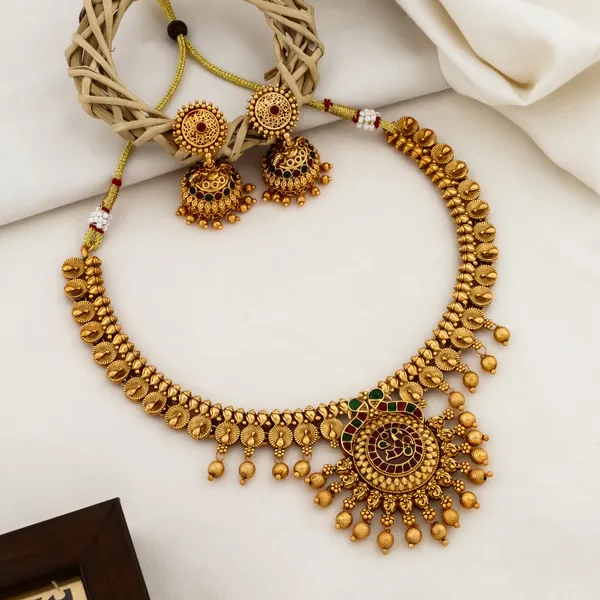 Grisha_Jewellery_Stylish_Peacock_Design_Matt_Bead_Gold_Plated_Matte_Short_Temple_Necklace_Jewellery_Set_For_Women_And_Girls