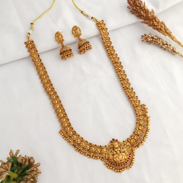 Grisha_Jewellery_Traditional_Lakshmi_Design_Matt_Bead_Brass_Gold_Plated_Matte_Long_Haram_Necklace_Jewellery_Set_For_Women_And_Girls