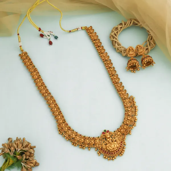 Grisha_Jewellery_Traditional_Lakshmi_Design_Matt_Bead_Brass_Gold_Plated_Matte_Long_Haram_Necklace_Jewellery_Set_For_Women_And_Girls