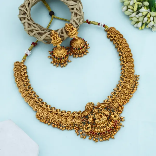 Grisha_Jewellery_Traditional_Lakshmi_Gini_Design_Matt_Bead_Brass_Gold_Plated_Matte_Short_Necklace_Jewellery_Set_For_Women_And_Girls