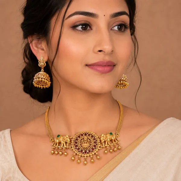 Latest_Elephant_Design_Pearls_Gold_Plated_Matte_Choker_Necklace_Set_For_Women_And_Girls