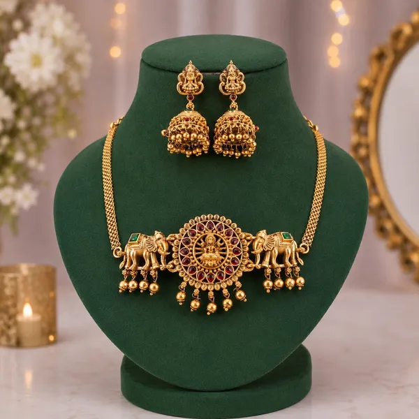 Latest_Elephant_Design_Pearls_Gold_Plated_Matte_Choker_Necklace_Set_For_Women_And_Girls