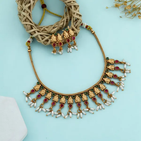 Latest_Lakshmi_Design_Multicolor_Stone_Copper_Gold_Plated_Matte_Necklace_Set_For_Women_And_Girls