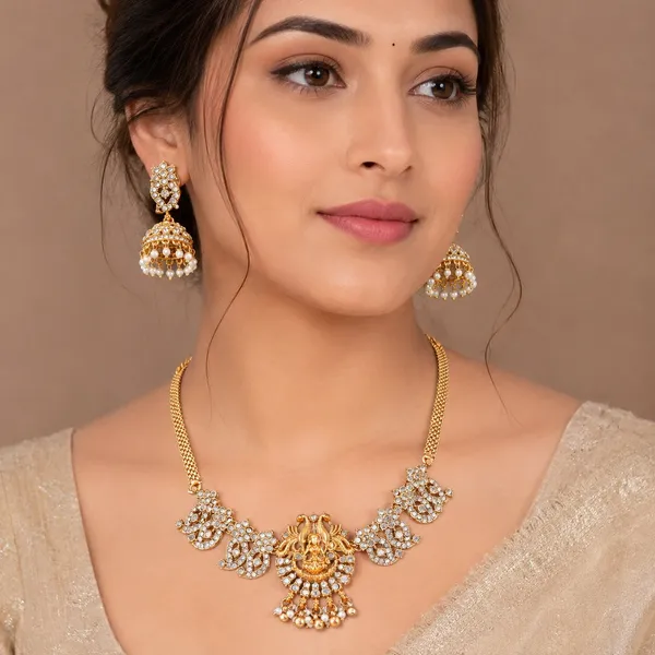 Latest_Lakshmi_Design_Pearls_Diamond_Gold_Plated_Matte_Choker_Necklace_Set_For_Women_And_Girls