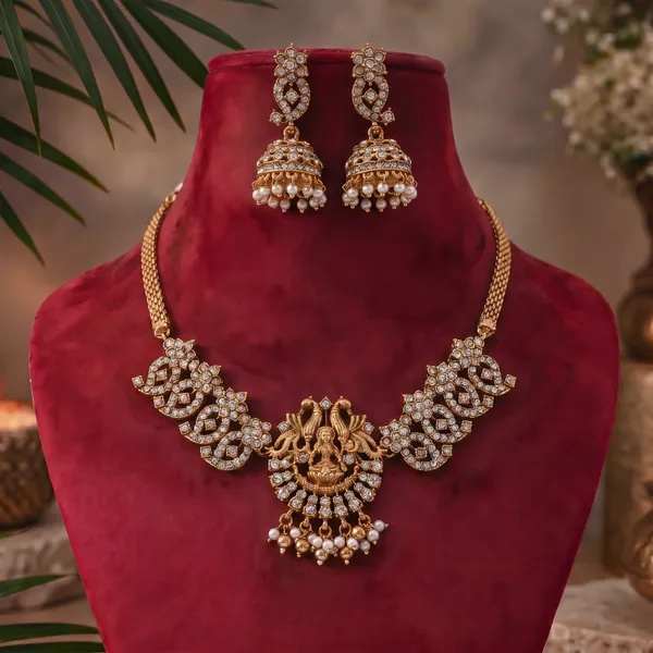 Latest_Lakshmi_Design_Pearls_Diamond_Gold_Plated_Matte_Choker_Necklace_Set_For_Women_And_Girls