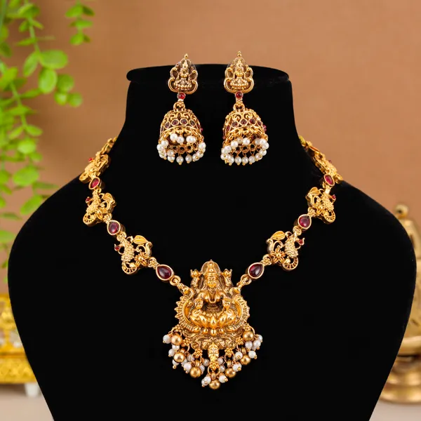 Latest_Lakshmi_Design_Red_Stone_Gold_Plated_Matte_Choker_Necklace_Set_For_Women_And_Girls