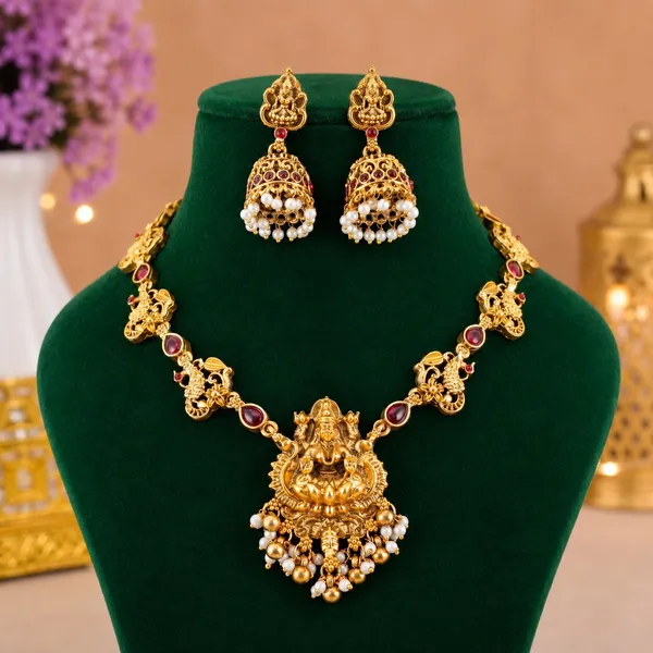 Latest_Lakshmi_Design_Red_Stone_Gold_Plated_Matte_Choker_Necklace_Set_For_Women_And_Girls