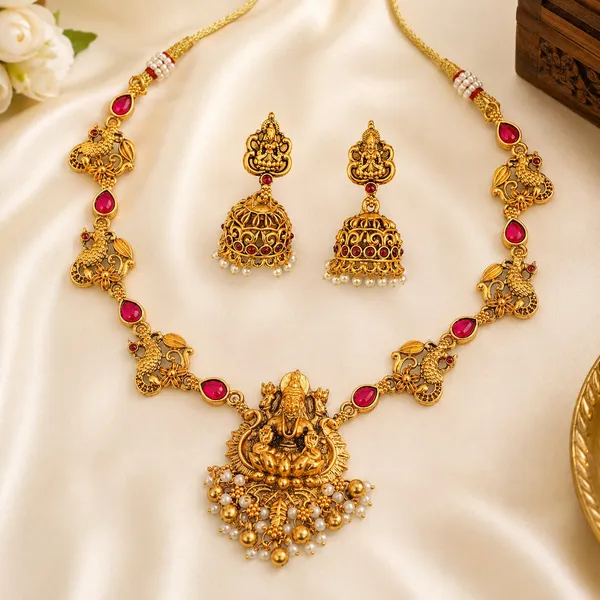 Latest_Lakshmi_Design_Red_Stone_Gold_Plated_Matte_Choker_Necklace_Set_For_Women_And_Girls