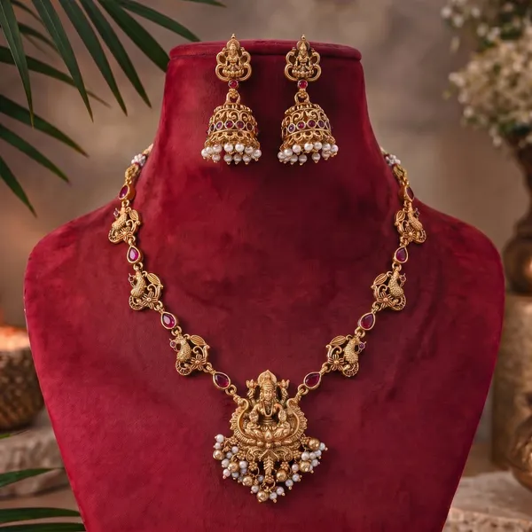 Latest_Lakshmi_Design_Red_Stone_Gold_Plated_Matte_Choker_Necklace_Set_For_Women_And_Girls