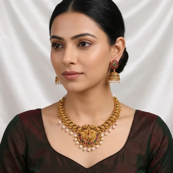 Grisha_Jewellery_Latest_Peacock_Design_White_Pearl_Bead_Brass_Gold_Plated_Matte_Short_Necklace_Jewellery_Set_For_Women_And_Girls