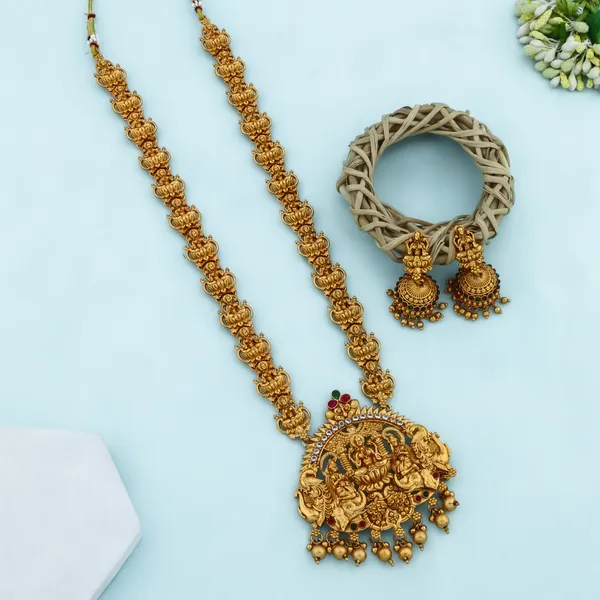 Grisha_Jewellery_Latest_Lakshmi_Design_Matt_Bead_Brass_Gold_Plated_Matte_Long_Haram_Necklace_Jewellery_Set_For_Women_And_Girls