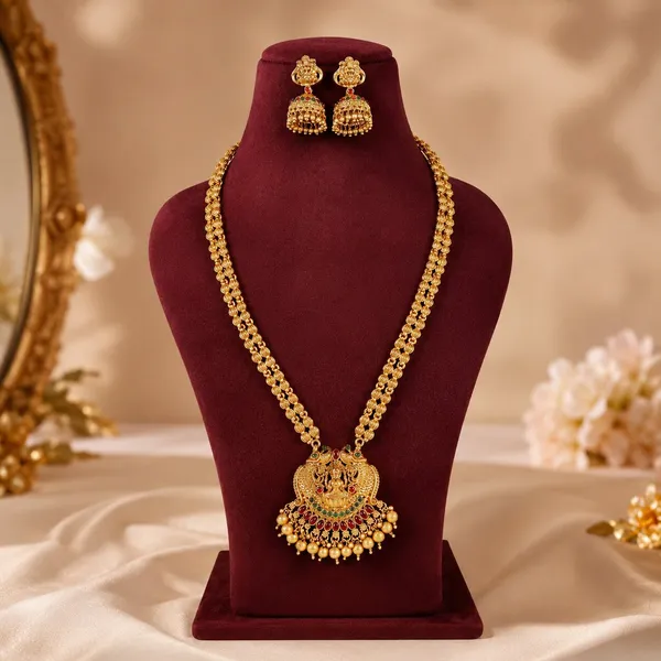 South_Indian_Latest_Gold_Plated_Long_Haram_Necklace_Jewel_Set_With_Jhumka_Earrings_For_Women_And_Girls