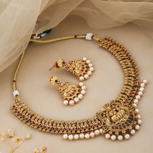 South_Indian_Brass_Gold_Plated_Matte_Necklace_Jewellery_Set_For_Women_And_Girls