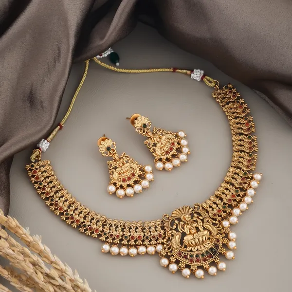 South_Indian_Brass_Gold_Plated_Matte_Necklace_Jewellery_Set_For_Women_And_Girls