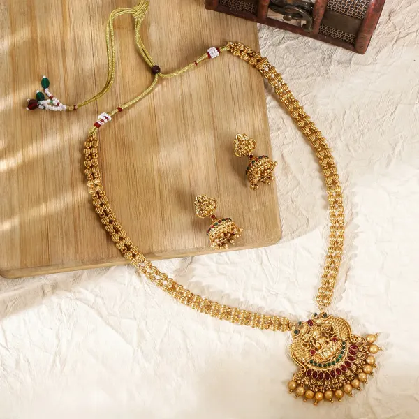 South_Indian_Latest_Gold_Plated_Long_Haram_Necklace_Jewel_Set_With_Jhumka_Earrings_For_Women_And_Girls