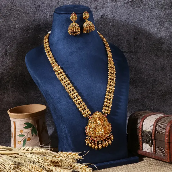 South_Indian_Trendy_Gold_Plated_Matt_Long_Haram_Necklace_Jewel_Set_With_Jhumka_Earrings_For_Women_And_Girls