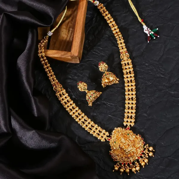 South_Indian_Trendy_Gold_Plated_Matt_Long_Haram_Necklace_Jewel_Set_With_Jhumka_Earrings_For_Women_And_Girls