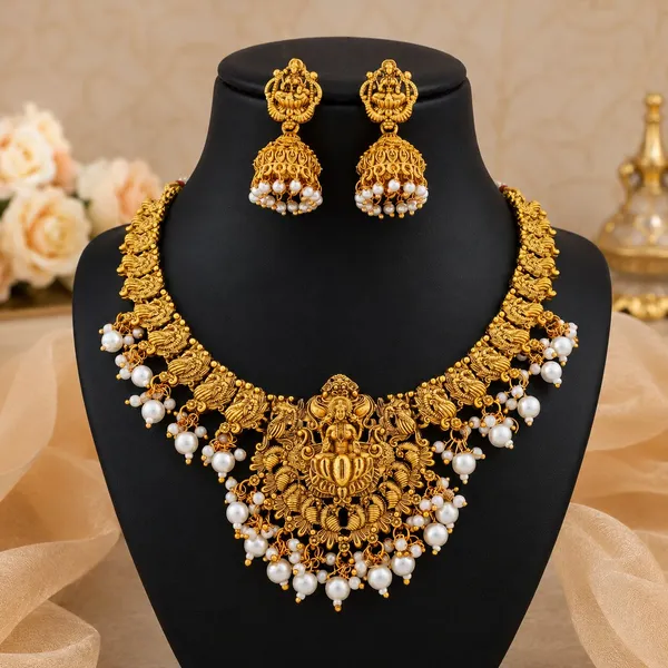 Stylish_Design_White_Pearl_Bead_Brass_Gold_Plated_Matte_Short_Necklace_Jewellery_Set_For_Women_And_Girls