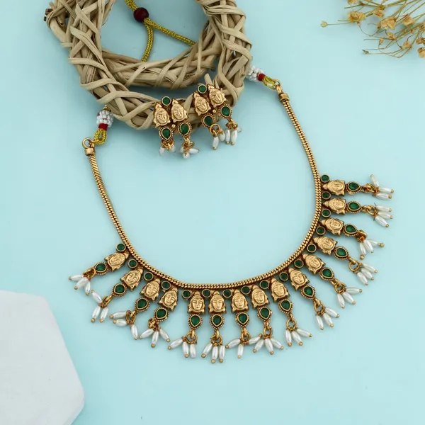 Stylish_Lakshmi_Design_Green_Stone_Copper_Gold_Plated_Matte_Necklace_Set_For_Women_And_Girls