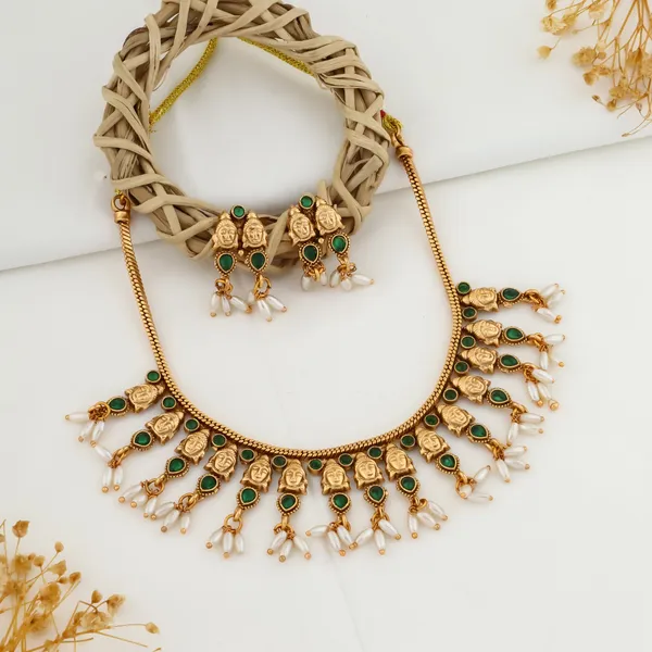 Stylish_Lakshmi_Design_Green_Stone_Copper_Gold_Plated_Matte_Necklace_Set_For_Women_And_Girls