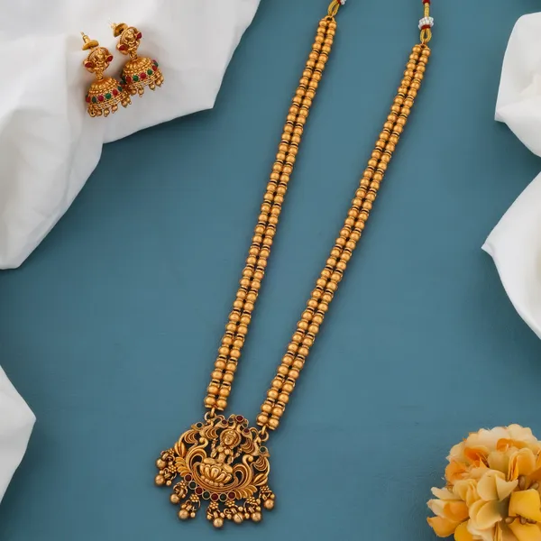 Stylish_Lakshmi_Design_Matt_Bead_Brass_Gold_Plated_Matte_Long_Haram_Necklace_Jewelry_Set_For_Women_And_Girls