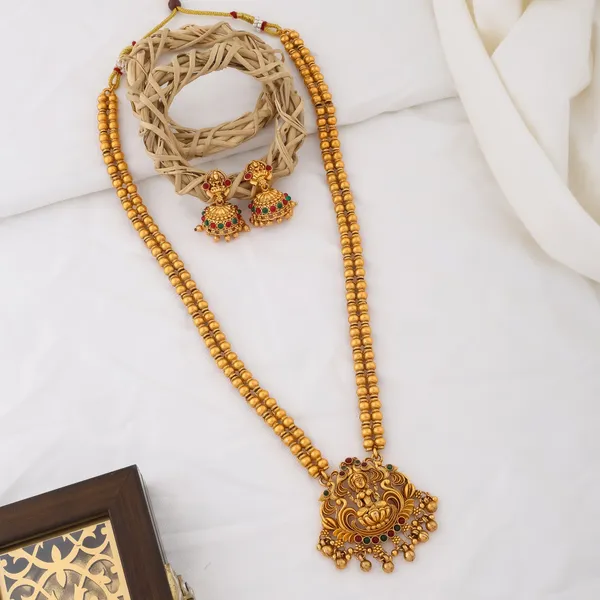 Stylish_Lakshmi_Design_Matt_Bead_Brass_Gold_Plated_Matte_Long_Haram_Necklace_Jewelry_Set_For_Women_And_Girls