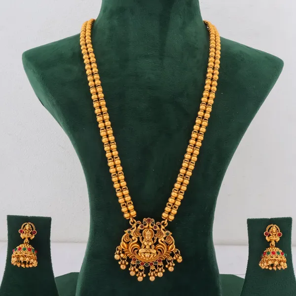 Stylish_Lakshmi_Design_Matt_Bead_Brass_Gold_Plated_Matte_Long_Haram_Necklace_Jewelry_Set_For_Women_And_Girls