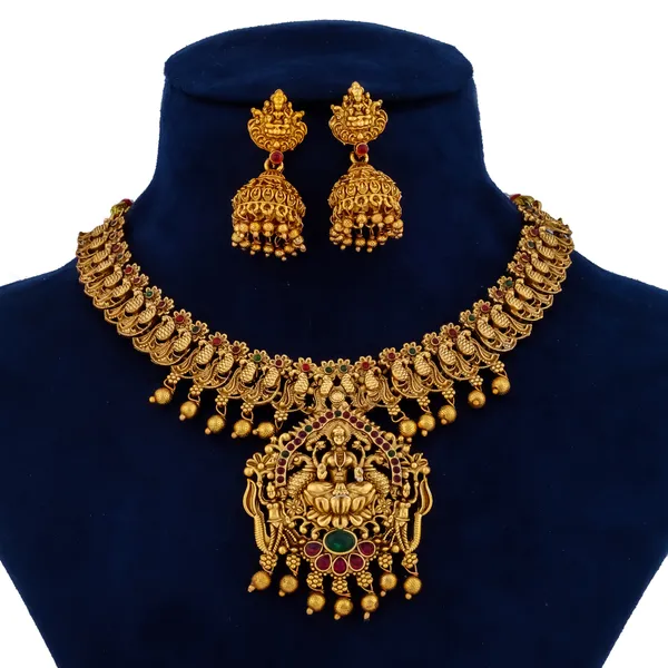 Traditional_Lakshmi_Design_Matt_Bead_Gold_Plated_Matte_Short_South_Indian_Temple_Necklace_Jewellery_Set_With_Jhumka_Earrings