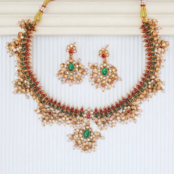 Trendy_Design_Guttapusallu_Multicolor_Stone_Gold_Plated_Matte_Necklace_Jewelry_Set_For_Women_And_Girls