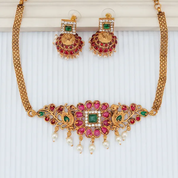 Trendy_Design_Red_Ruby_Diamond_Gold_Plated_Matte_Choker_Necklace_Set_For_Women_And_Girls