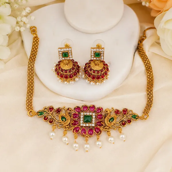 Trendy_Design_Red_Ruby_Diamond_Gold_Plated_Matte_Choker_Necklace_Set_For_Women_And_Girls