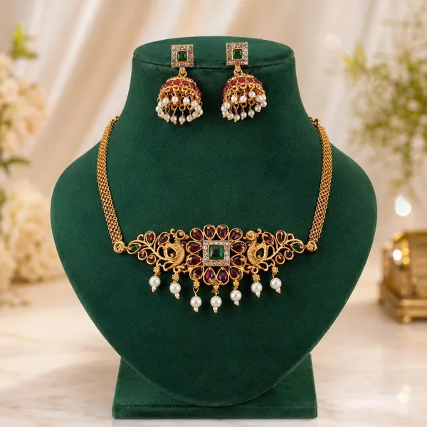 Trendy_Design_Red_Ruby_Diamond_Gold_Plated_Matte_Choker_Necklace_Set_For_Women_And_Girls