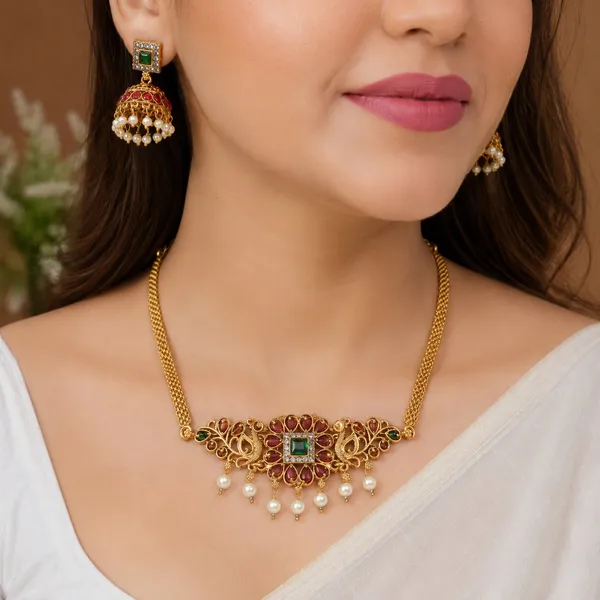Trendy_Design_Red_Ruby_Diamond_Gold_Plated_Matte_Choker_Necklace_Set_For_Women_And_Girls
