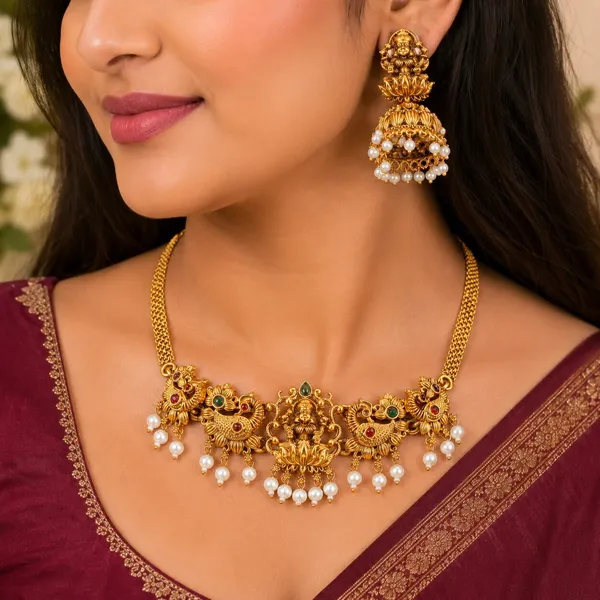 Trendy_Duck_Design_Pearls_Gold_Plated_Matte_Choker_Necklace_Set_For_Women_And_Girls